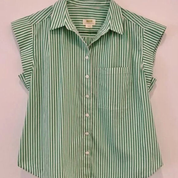 Anthropologie Maeve Buttondown Shirt Striped Clarise Cap Sleeve Green Top Size M - Picture 6 of 6